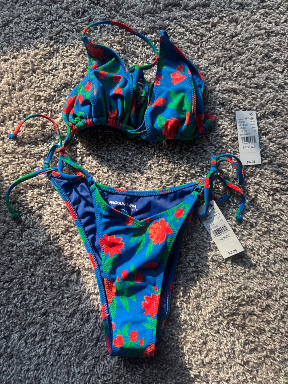 PacSun Blue Floral Tie-Side Bikini with Red Flowers - Top L - Bottom XS - NWT